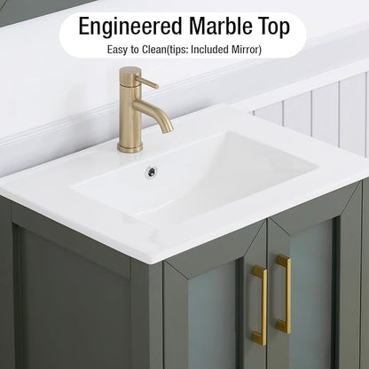 HOMEBEYOND 24 Inch Modern Bathroom Vanity with Sink & Mirror, Single Vanity Cabinet with Basin and Mirror, Dove-Tailed Drawers, Soft-Closing Doors, Wood, Vintage Green