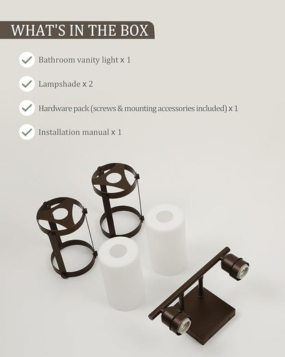 2-Light Oil Rubbed Bronze Bathroom Light Fixtures Over Mirror with Frosted Milk Glass and Metal Cage Shade, 13.2" UL-Listed Modern Farmhouse Wall Sconce for Bath, Hardwire E26, OS-3014ORBW-2W