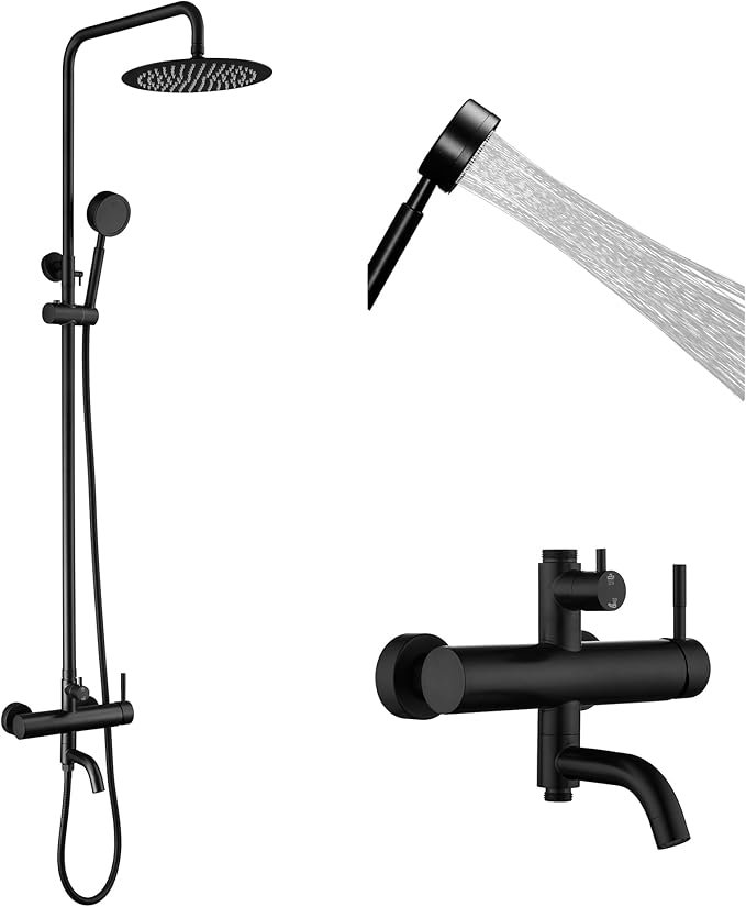 Matte Black Outdoor Shower Kit - SS304 Shower Head with Handheld, High Pressure, Complete Shower System with Enclosure and Fixtures