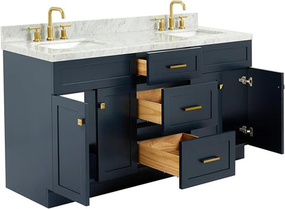 Bradford 66-Inch Midnight Blue Double Bathroom Vanity, 1.5-Inch Italian Carrara Marble Countertop & Backsplash, Double Rectangular Sinks, Soft Closing Doors & Dovetail Drawers, Satin Brass
