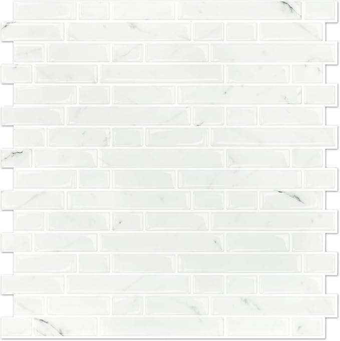 STICKGOO 10-Sheet White Marble Look Peel & Stick Backsplash, 12”X12” Stick on Wall Tiles for Kitchen Backspalsh (Thicker Design)