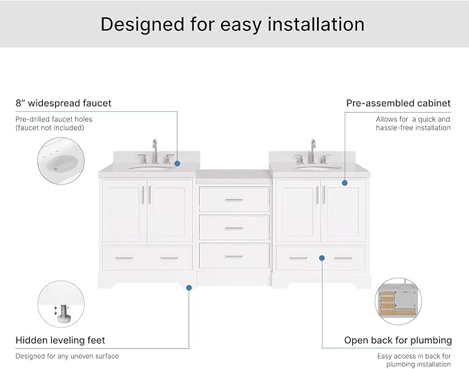 ARIEL Stafford 84-inch Bathroom Vanity with Sink,Solid Wood, 1.5in Pure White Quartz Countertop & Backsplash, Double Oval Porcelain Sink, 4 Soft Closing Doors, 5 Dovetail Drawers, White