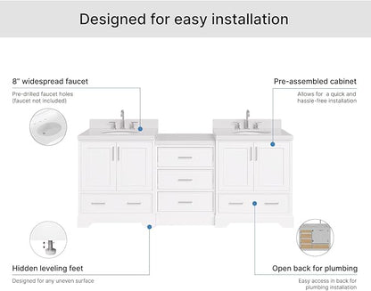ARIEL Stafford 84-inch Bathroom Vanity with Sink,Solid Wood, 1.5in Pure White Quartz Countertop & Backsplash, Double Oval Porcelain Sink, 4 Soft Closing Doors, 5 Dovetail Drawers, White