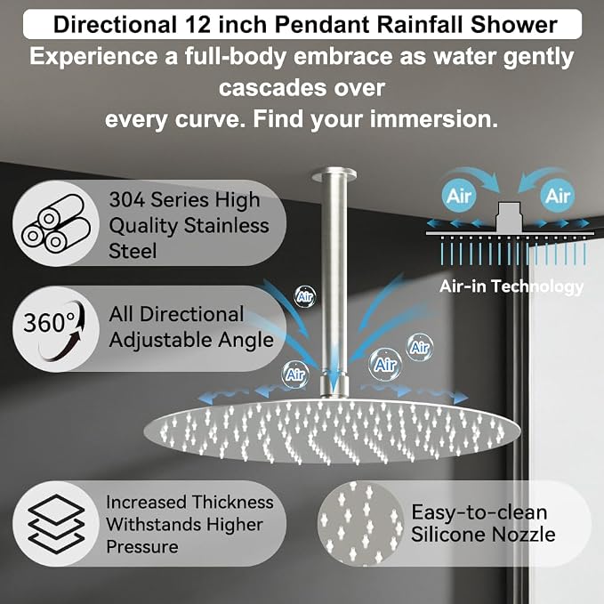 Shower Systems Round Shower Faucet Set, 12+6"Dual Rainfall Shower head with 2 in 1 Handheld Spray, Ceiling Mount Push Button with Shower Set Valve and Trim Kit Brushed Nickel,Can Use All at Once