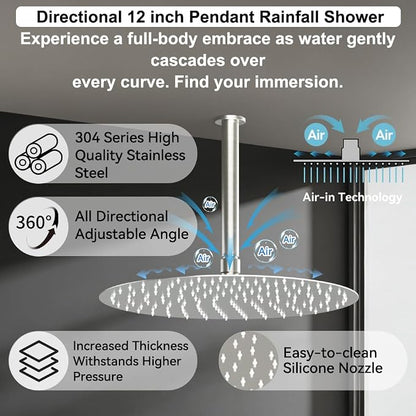 Shower Systems Round Shower Faucet Set, 12+6"Dual Rainfall Shower head with 2 in 1 Handheld Spray, Ceiling Mount Push Button with Shower Set Valve and Trim Kit Brushed Nickel,Can Use All at Once