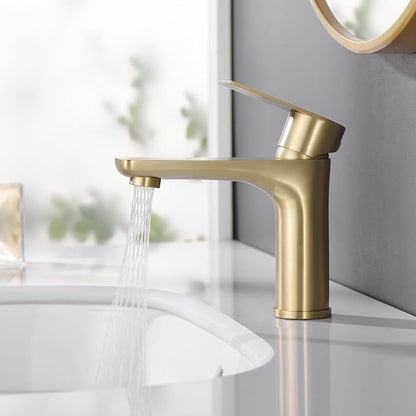 SUMERAIN Bathroom Sink Faucet Lead-Free 304 Stainless Steel Single Hole Single Handle Vanity Faucet, Brushed Gold | Lead-Free, Unique Flow Pattern, Water-saving, with Faucet Supply Lines, Easy DIY Install