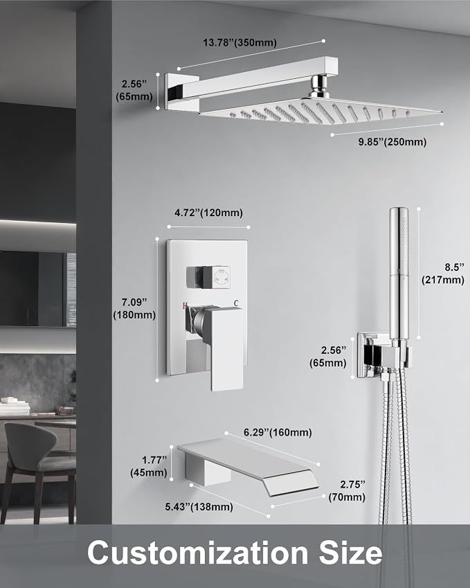 Aolemi Shower System with Tub Spout and Valve Polish Chrome | 10-Inch Square Wall Mounted Rainfall Shower Head and Handheld,3-Function Bathtub Shower Faucet Set