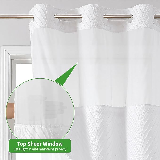 eachope Long No Hook Shower Curtain and Liner Set,Boho Style with See Through Top Window,White Fabric Tufted Striped Textured Outer Curtain with Snap in Liner, White,71Wx80H