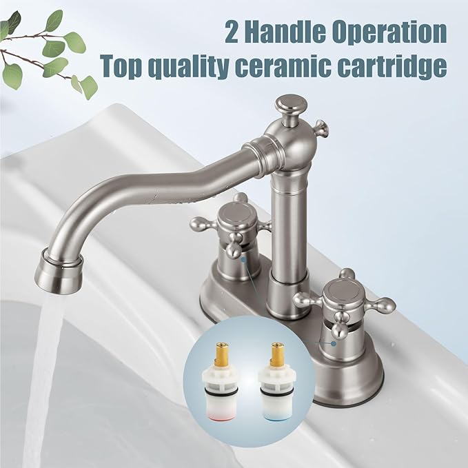 Aolemi 4 Inch Centerset Bathroom Sink Faucet Vintage 2 Cross Handle RV Mixer Tap Basin Vanity Lavatory Utility for Sink 3 Hole Include Hoses Pop Up Drain Faucet Handle Without Label Brushed Nickel