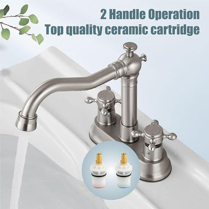Aolemi 4 Inch Centerset Bathroom Sink Faucet Vintage 2 Cross Handle RV Mixer Tap Basin Vanity Lavatory Utility for Sink 3 Hole Include Hoses Pop Up Drain Faucet Handle Without Label Brushed Nickel