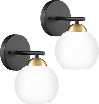 Emak Modern Sconces Wall Decor Set of 2, Black Gold Bathroom Vanity Light with Milk Glass Shade, Globe Wall Lamp for Living Room, Pictures, Bedroom, Bathroom, Hallway, WS114-BKBGD-ML-2PK