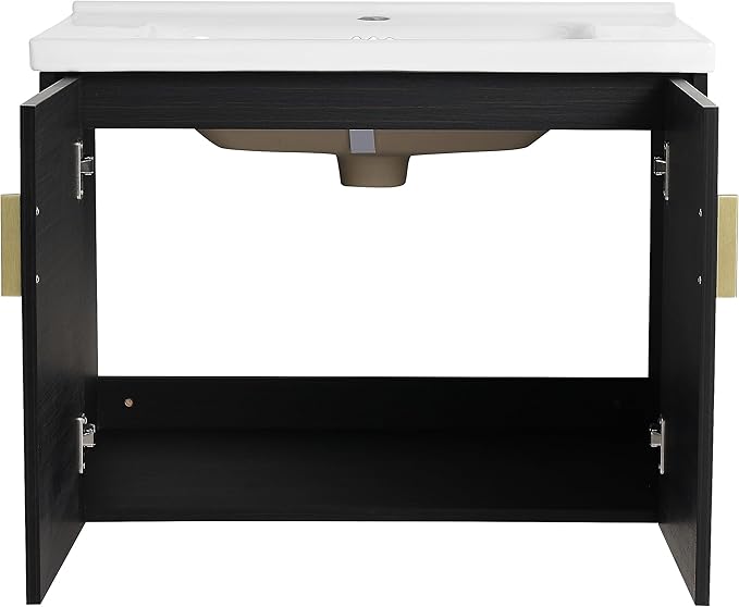 SSLine Modern 40" Floating Bathroom Vanity with Ceramic Sink Wall Mounted Bathroom Vanity with Top Basin &Storage Cabinet&Side Open Shelf Elegant Wood Vanity Sink Cabinet for Small Space(Black Gold)