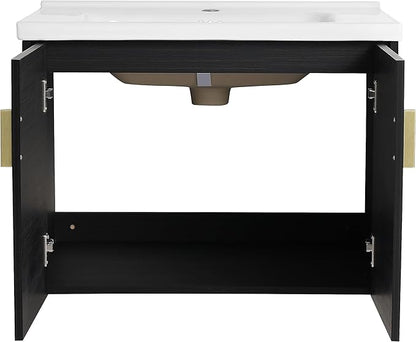 SSLine Modern 40" Floating Bathroom Vanity with Ceramic Sink Wall Mounted Bathroom Vanity with Top Basin &Storage Cabinet&Side Open Shelf Elegant Wood Vanity Sink Cabinet for Small Space(Black Gold)