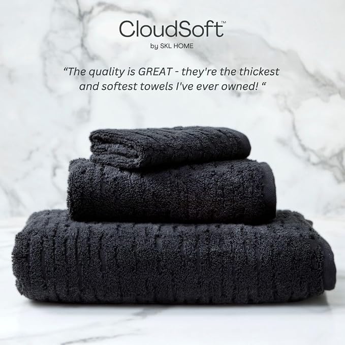 SKL Home CloudSoft Bath Towel Set, 6-Piece, 100% Cotton Luxury, Slate | 2 Bath towels, 2 hand towels, 2 washcloths. Premium spa-level quality. 600/520 GSM weight. Ultra plush & absorbent.