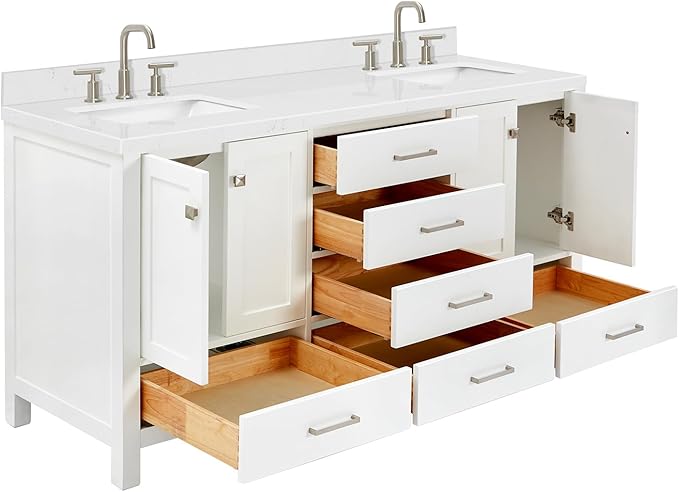 ARIEL Cambridge 66-inch Bathroom Vanity with Sink,Solid Wood, 1.5-inch Carrara White Quartz Countertop, Double Rectangular Porcelain Sink, 4 Soft Closing Doors, 6 Dovetail Drawers, White