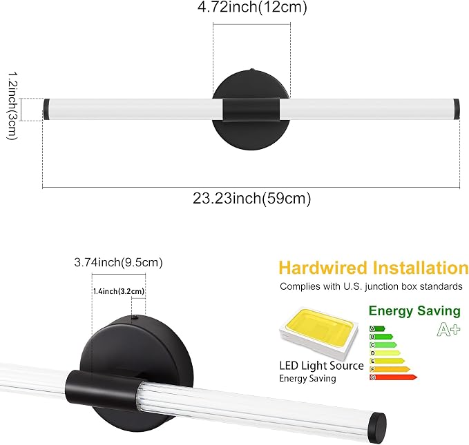 Wall Sconces Set of 2 Hardwired LED Vanity Light Black 23" | Dimmable 5CCT LED Bathroom Light Fixtures, 360° Full Lighting, Modern Vanity Light Bar for Bathroom Mirror