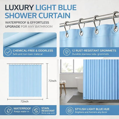 EHZNZIE Light Blue Shower Curtain Liner 72x72, PEVA Waterproof Bath Curtain, No Chemical Smell, 3 Weighted Magnets, Durable with Rustproof Metal Grommets