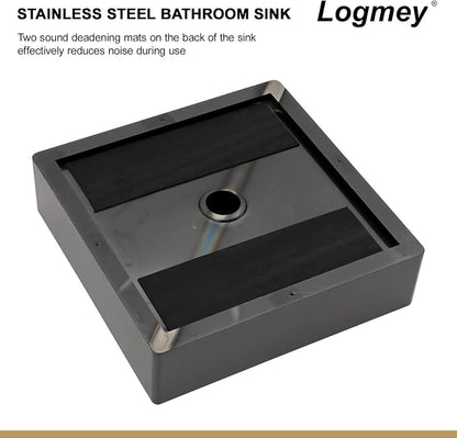 Logmey 15“ Black Shallow Bathroom Vessel Sink 15x15 Square Handmade 16 Gauge Stainless Steel Above Counter 4 Inch Deep RV Bathroom Sink Sinks with Pop up Drain Set
