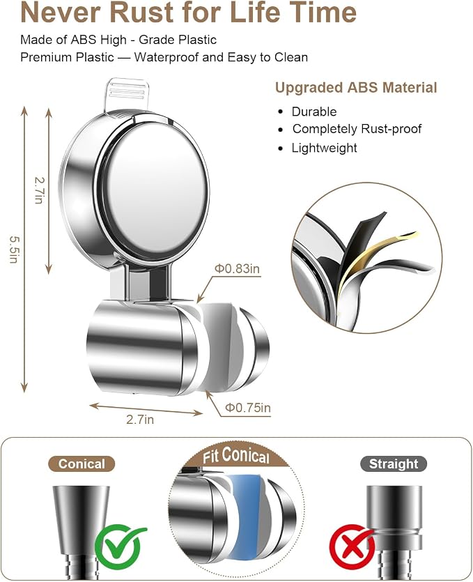 JOTPE Suction Cup Shower Head Holder, Adjustable No Drill Wall Mount Silver | 5-Angle Adjustable Shower Head Holder Fits Most Handheld Shower Heads, Reusable Suction Cup Mounts Without Drilling