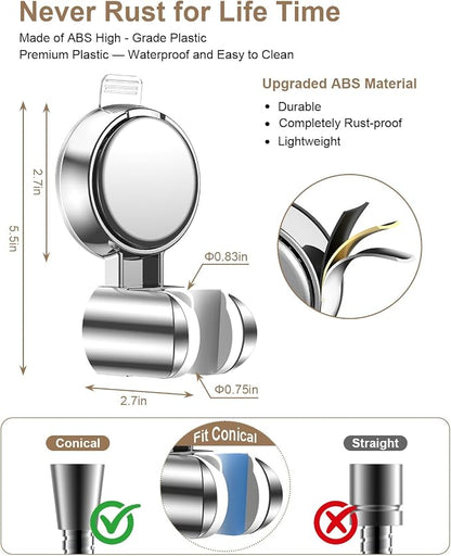 JOTPE Suction Cup Shower Head Holder, Adjustable No Drill Wall Mount Silver | 5-Angle Adjustable Shower Head Holder Fits Most Handheld Shower Heads, Reusable Suction Cup Mounts Without Drilling