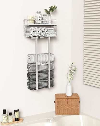 Aetyord Towel Racks for Bathroom - Wall Mounted Metal Rack with Wood Plank, Bathroom Storage Organizer, Towel Holder Stores 6 Large Rolled Towels Easily, Silver with White Plank
