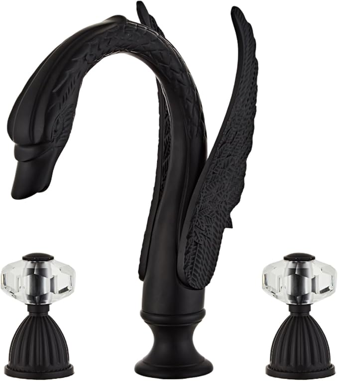 Golden Black Ornate Swan Style Bathroom Sink Faucet Combo Deck Mount Sink Mixer Tap Set Hot Cold Water