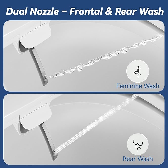 Bidet Toilet Seat, Soft Close Toilet Seat, Button control Feminine/Posterior Wash Switch, Knob Control Water Pressure,White Bidet Seat Attachment with Brass inlet (Elongated-D)