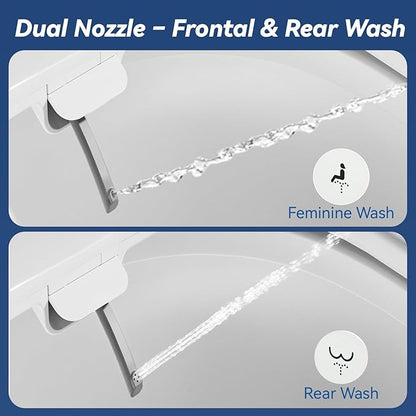 Bidet Toilet Seat, Soft Close Toilet Seat, Button control Feminine/Posterior Wash Switch, Knob Control Water Pressure,White Bidet Seat Attachment with Brass inlet (Elongated-D)