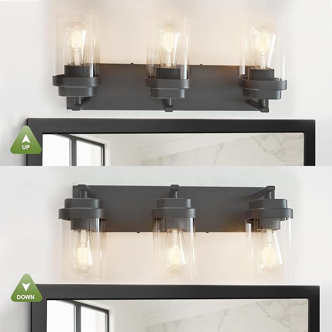 Black Bathroom Light Fixtures, 3 Lights Bathroom Lighting Fixtures Over Mirror, Square Design & Rectangle Large Backplate, Modern Vanity Lighting Fixtures, for Bathroom/Living Room/Bedroom