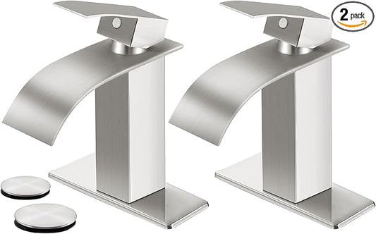 Brushed Nickel Bathroom Faucets *2, Waterfall Bathroom Sink Faucet Modern Single Handle Bathroom Faucte 1 or 3 Hole, RV Mixer Tap Vanity Faucet - Includes Pop-up Drain