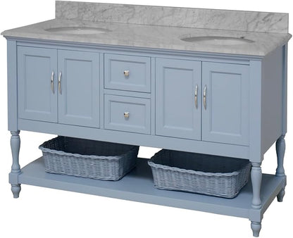Beverly 60-inch Double Bathroom Vanity (Carrara/Powder Blue): Includes Powder Blue Cabinet with Authentic Italian Carrara Marble Countertop and White Ceramic Sinks