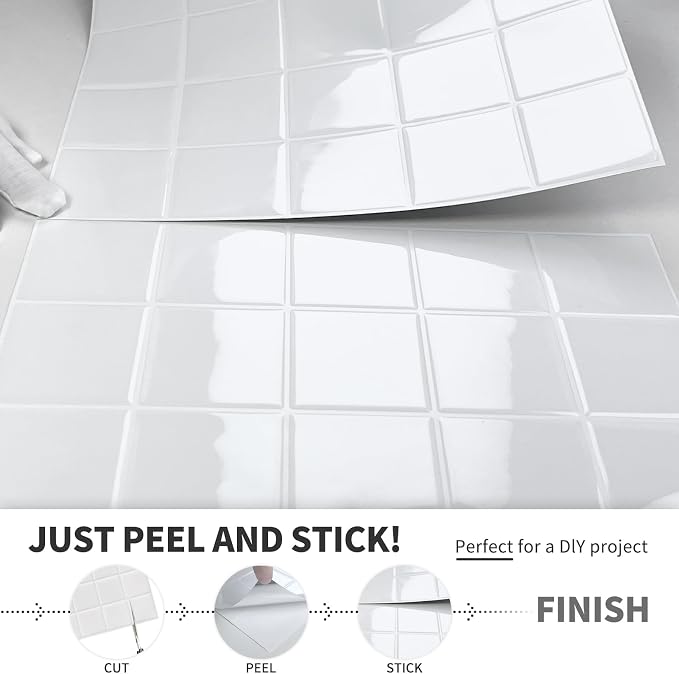 DEWOO White Peel and Stick Backsplash Self Adhesive Wall Tiles 10-Sheet | Checkered,Square,Grid,Sticky,for Kitchen,Bathroom,Laundry,Sink,12"×12"