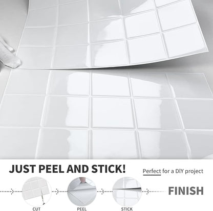 DEWOO White Peel and Stick Backsplash Self Adhesive Wall Tiles 10-Sheet | Checkered,Square,Grid,Sticky,for Kitchen,Bathroom,Laundry,Sink,12"×12"