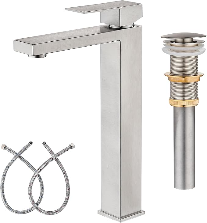 Vessel Sink Faucet, Brushed Nickel 1 Hole Single Handle Tall Bathroom Vanity Faucets, Modern Utility Rv Laundry Bath Restroom Mixer Tap with Metal Pop Up Drain and 2 Water Supply Lines