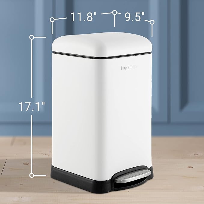 happimess Betty Retro Mini 3.2 Gal Step Trash Can, Cotton White | Soft-Close Lid, Fingerprint Proof, Removable Liner, Stainless Steel, Hands-Free Pedal
