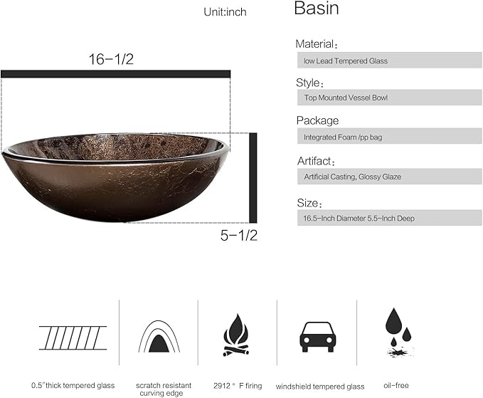 YOURLITE Bathroom Vessel Sink – Modern Tempered Glass Washing Bowl with Oil Rubbed Bronze Faucet and Pop Up Drain 16.5 Inch