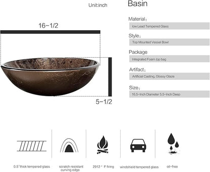 YOURLITE Bathroom Vessel Sink – Modern Tempered Glass Washing Bowl with Oil Rubbed Bronze Faucet and Pop Up Drain 16.5 Inch