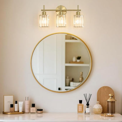 Brushed Gold Bathroom Light Fixtures, Square, 3-Light | Vanity Lights with Crystal Shades, Modern Bathroom Lighting Fixtures over Mirror (Bulbs Not Included, E26)