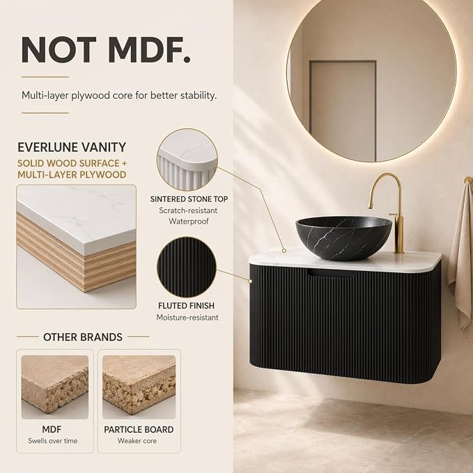 30 Inch Bathroom Vanity with Sink, Floating Wall Mounted Single Sink Vanity, Black Curved Fluted Front, Stone Top, Black Marble Vessel Basin, Pre-Assembled