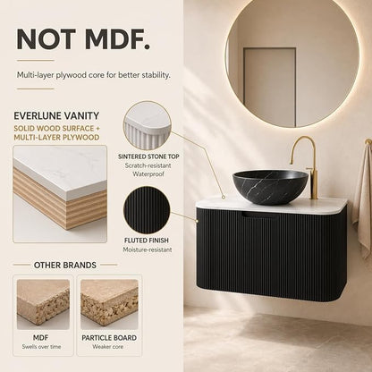 30 Inch Bathroom Vanity with Sink, Floating Wall Mounted Single Sink Vanity, Black Curved Fluted Front, Stone Top, Black Marble Vessel Basin, Pre-Assembled