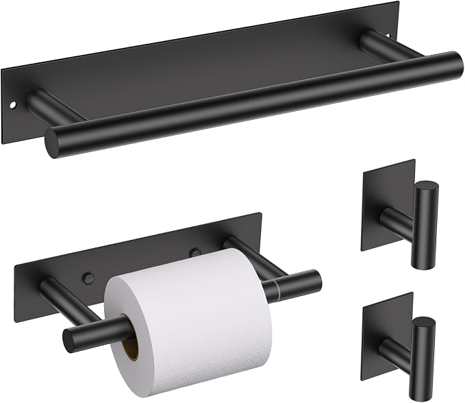 Lairuier Matte Black Bathroom Hardware Set, Adhesive or Screw Wall Mounted | Bathroom Accessories Set, Adhesive or Screw Wall Mount Toilet Paper Holder and Hand Towel Bar Holder, No Drill 2 Towel Hooks