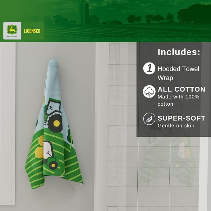 John Deere Tractor Farm Kids Super Soft Bath/Pool/Beach Soft Cotton Terry Hooded Towel Wrap, 24 in x 50 in, (Officially Licensed Product) by Franco