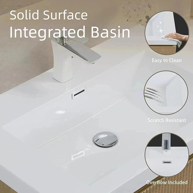 42'' Floating Bathroom Vanity with Sink, Wall-Mounted Bathroom Storage Cabinet with Soft-Close Striped Drawer & Solid Surface Basin, Modern Natural Oak Body with Internal Handle, Wood