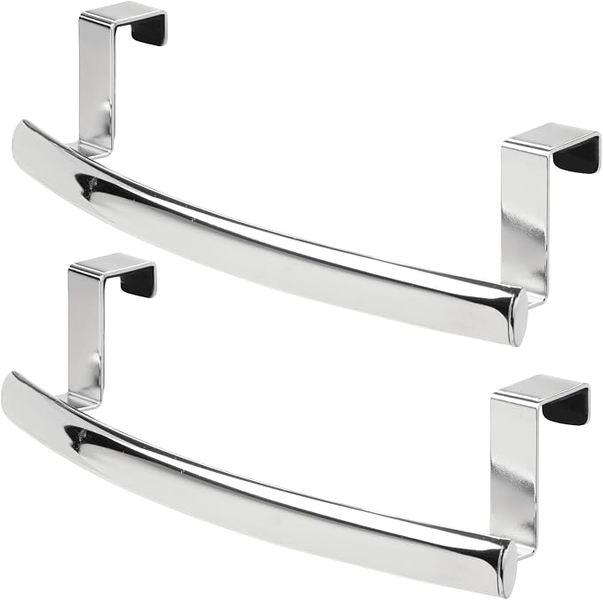 mDesign Steel Over Door Curved Towel Bar Storage, Hanger for Cabinet or Cupboard, Holder Rack for Kitchen, Bathroom - Holds Hand/Dish Towels, Washcloths - Spira Collection - 2 Pack - Chrome
