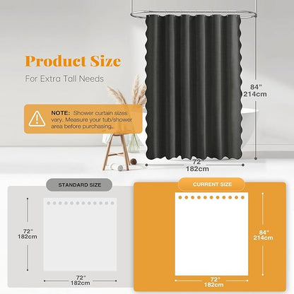 BTTN Extra long Shower Curtain, 72x84 Scalloped Boho Linen Textured Heavy Duty Cloth Shower Curtain Set with 12 Hooks, Tall Modern Farmhouse Waterproof Fabric Shower Curtain for Bathtub, Charcoal Grey