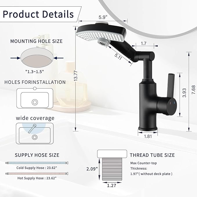 Black Rotatable Rain Faucet, Single Hole 360° Rotatable Bathroom Faucet, Single Handle Modern Bathroom Sink Faucet with LED Temperature Display(No Batteries) in Fahrenheit, 3 Water Modes