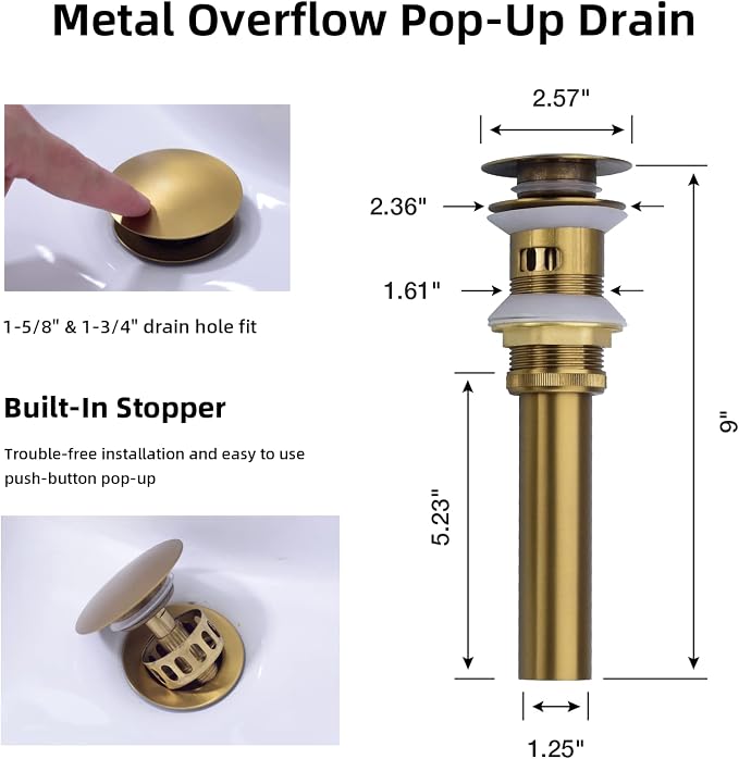 TRUSTMI 2 Handle 8 Inch Widespread Bathroom Faucet Brass Lavatory Vanity Sink Faucet with Metal Overflow Pop Up Drain and cUPC Water Supply Lines, Brushed Brass Gold
