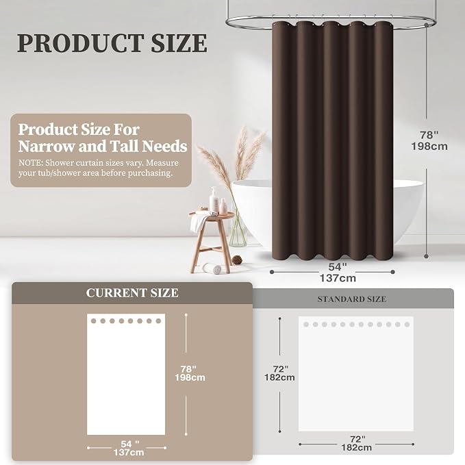 54x78 Linen Textured Waterproof Thick Fabric Shower Curtain Set, Brown | Narrow Long Size, 230GSM Polyester, Heavy Duty Cloth, Weighted Hem, 10 Hooks, Modern Luxury Hotel Style, Machine Washable