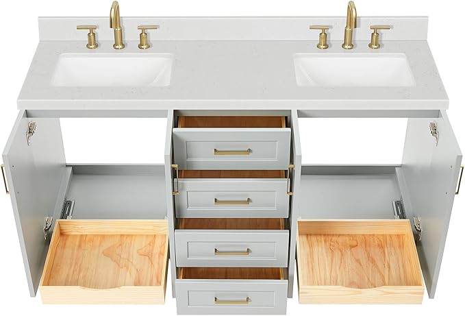ARIEL Taylor 66-inch Bathroom Vanity with Sink,Solid Wood, 1.5-inch Carrara White Quartz Countertop & Backsplash, Double Rectangular Porcelain Sink, 4 Soft Closing Doors, 5 Dovetail Drawers, Grey