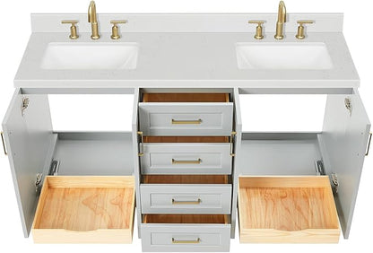 ARIEL Taylor 66-inch Bathroom Vanity with Sink,Solid Wood, 1.5-inch Carrara White Quartz Countertop & Backsplash, Double Rectangular Porcelain Sink, 4 Soft Closing Doors, 5 Dovetail Drawers, Grey